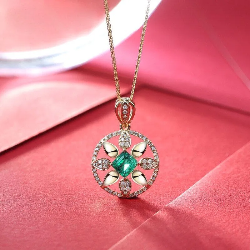 Round Shape Emerald Collar Bone Chain Necklace - 925 Sterling Silver