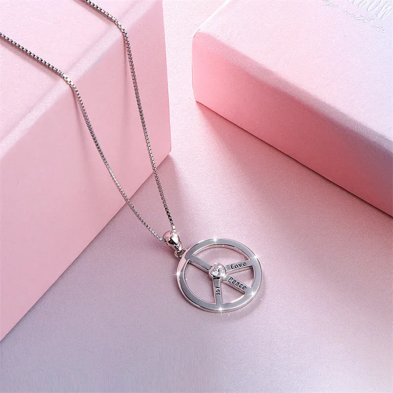 S925 Sterling Silver Peace Sign Hippie Party Pendant Necklace Jewelry Gift