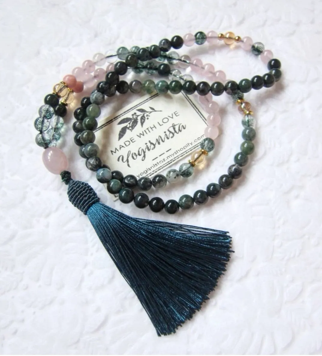 SALE - 108 Bead Mala in Pink and Phantom Quartz w/ Emerald Green Bee Cap Tassel Beaded Necklace