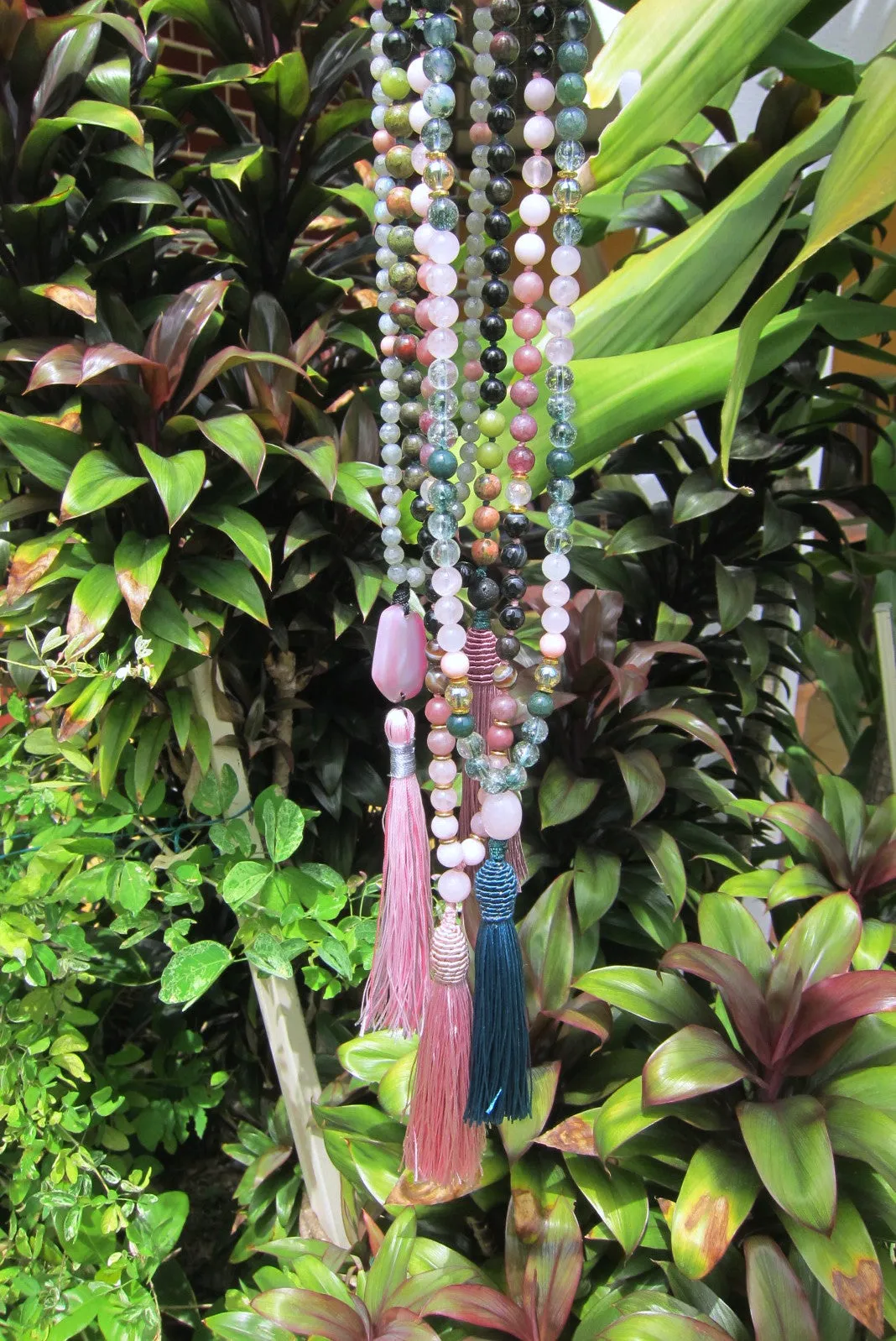 SALE - 108 Bead Mala in Pink and Phantom Quartz w/ Emerald Green Bee Cap Tassel Beaded Necklace