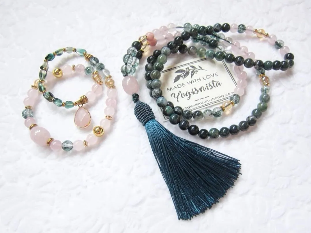 SALE - 108 Bead Mala in Pink and Phantom Quartz w/ Emerald Green Bee Cap Tassel Beaded Necklace