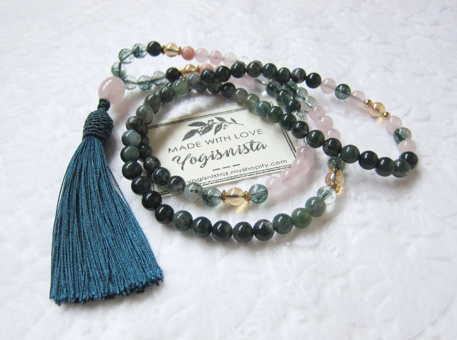 SALE - 108 Bead Mala in Pink and Phantom Quartz w/ Emerald Green Bee Cap Tassel Beaded Necklace