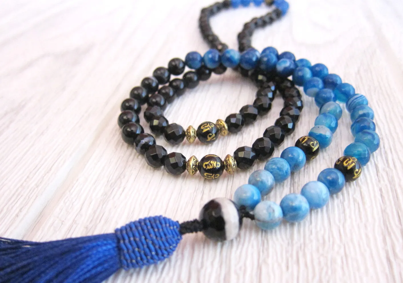 SALE - 108 Beaded Necklace in Agate, Apatite Blue w/ Tassel