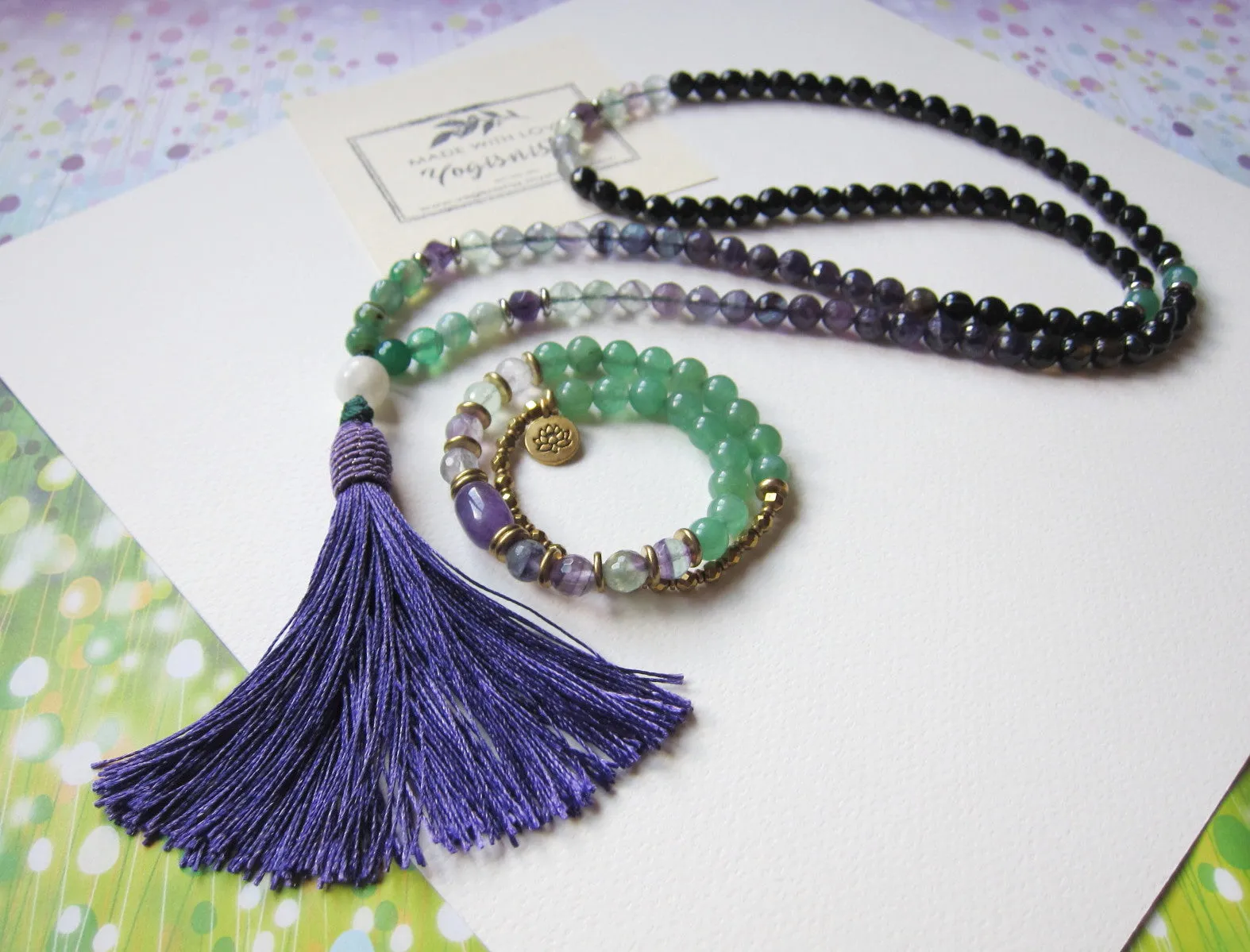 SALE - 108 Beaded Tassel Necklace in Fluorite, Amethyst ~Heart, Throat and Third Eye Chakra Mala