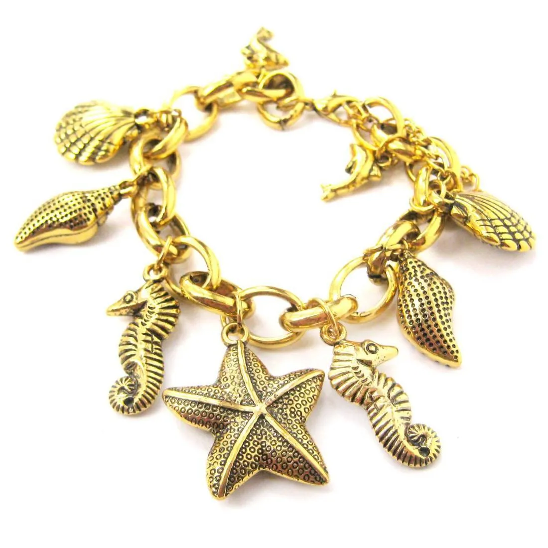 Sea Creatures Themed Charm Bracelet in Gold: Starfish Seahorse Seashell Dolphins