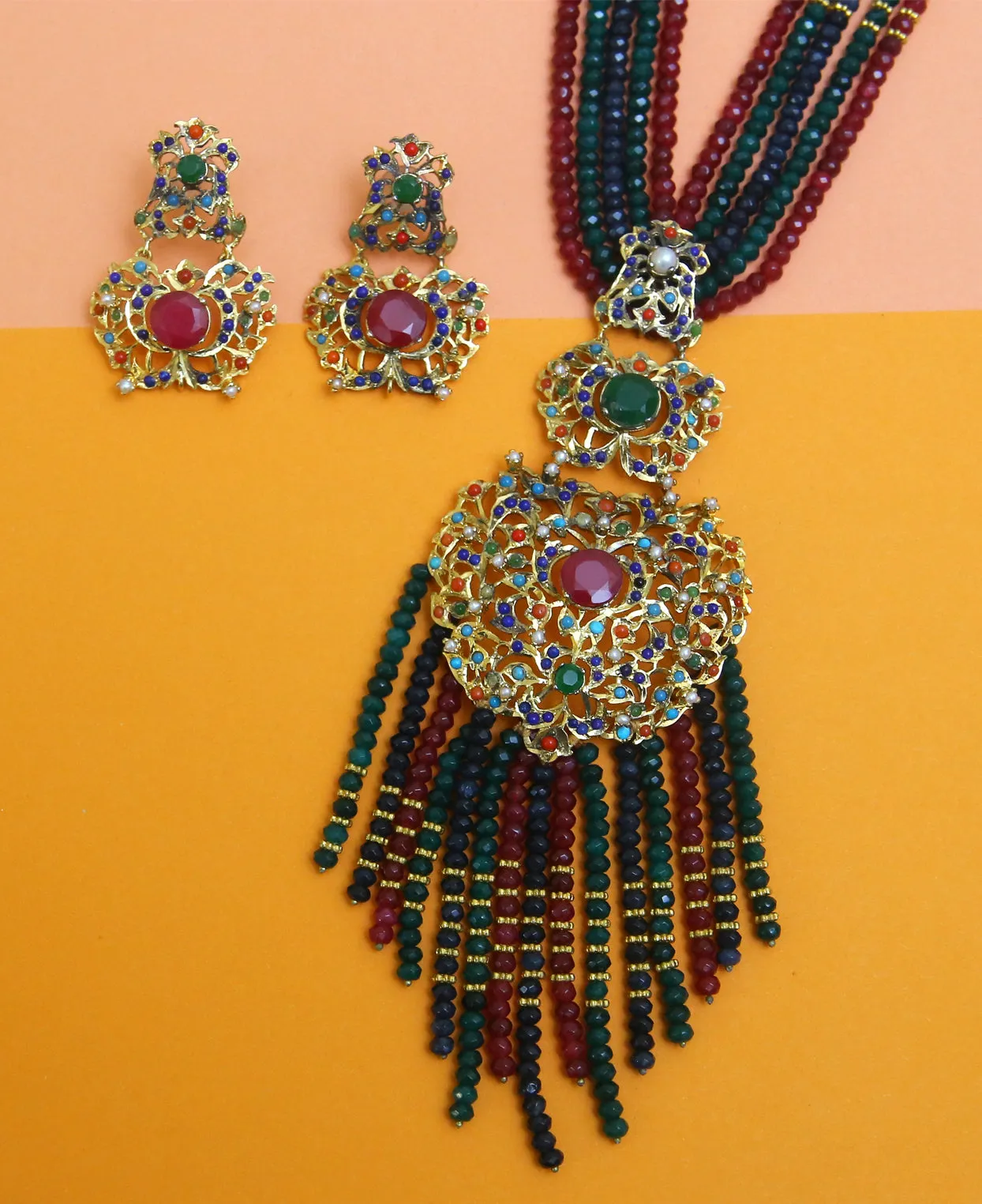 Semi Precious Naurattan pendant Set