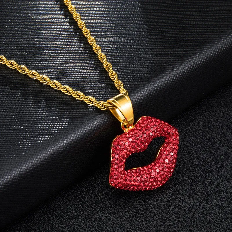 Sexy Red Lips Bling Rhinestone-Studded Stainless Steel Fashion Hip-hop Pendant Necklace