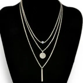 Silver Layered Bar, Disc, and Crystal Necklace