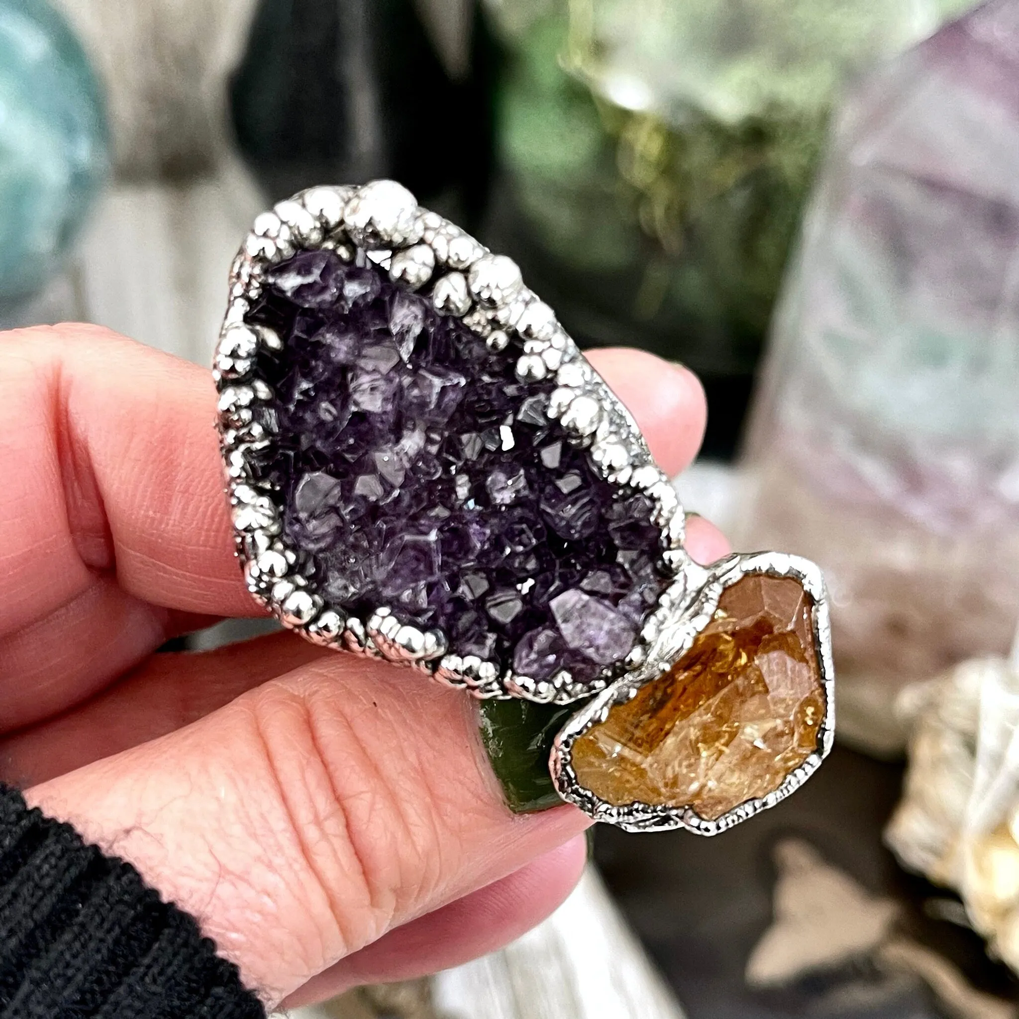 Size 10 Two Stone Ring-Amethyst Geode Raw Citrine Crystal Ring Fine Silver / Foxlark Collection - One of a Kind