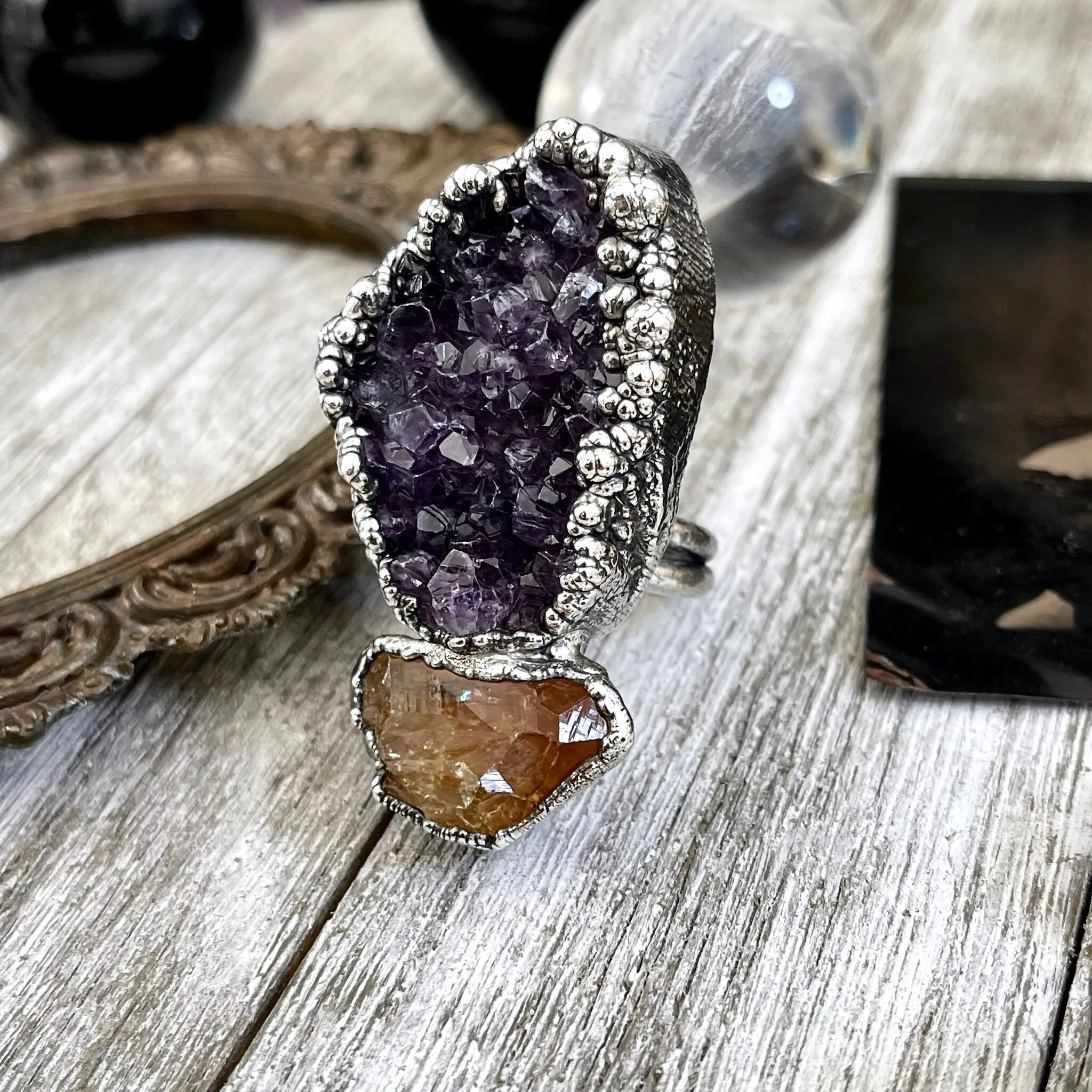 Size 10 Two Stone Ring-Amethyst Geode Raw Citrine Crystal Ring Fine Silver / Foxlark Collection - One of a Kind