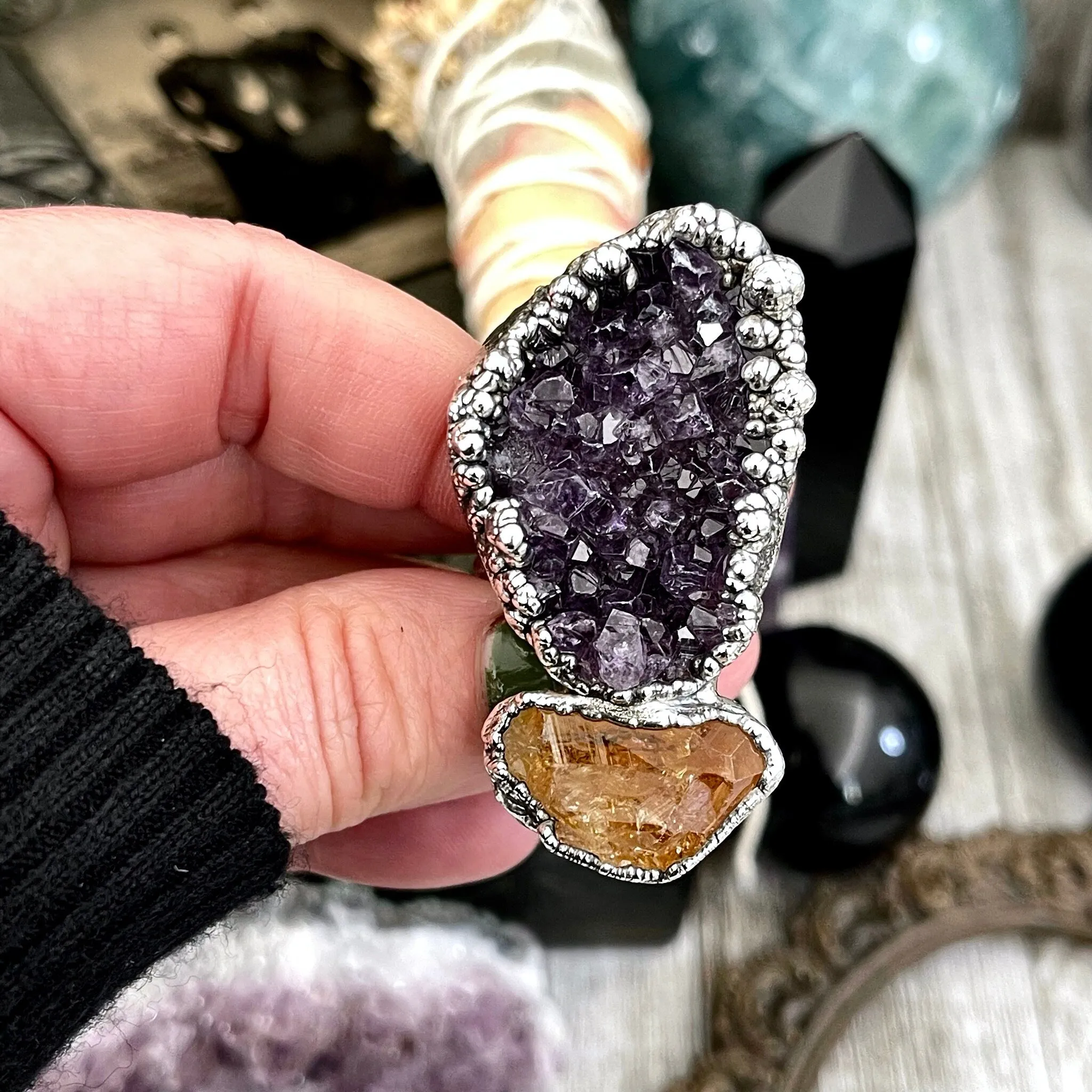 Size 10 Two Stone Ring-Amethyst Geode Raw Citrine Crystal Ring Fine Silver / Foxlark Collection - One of a Kind