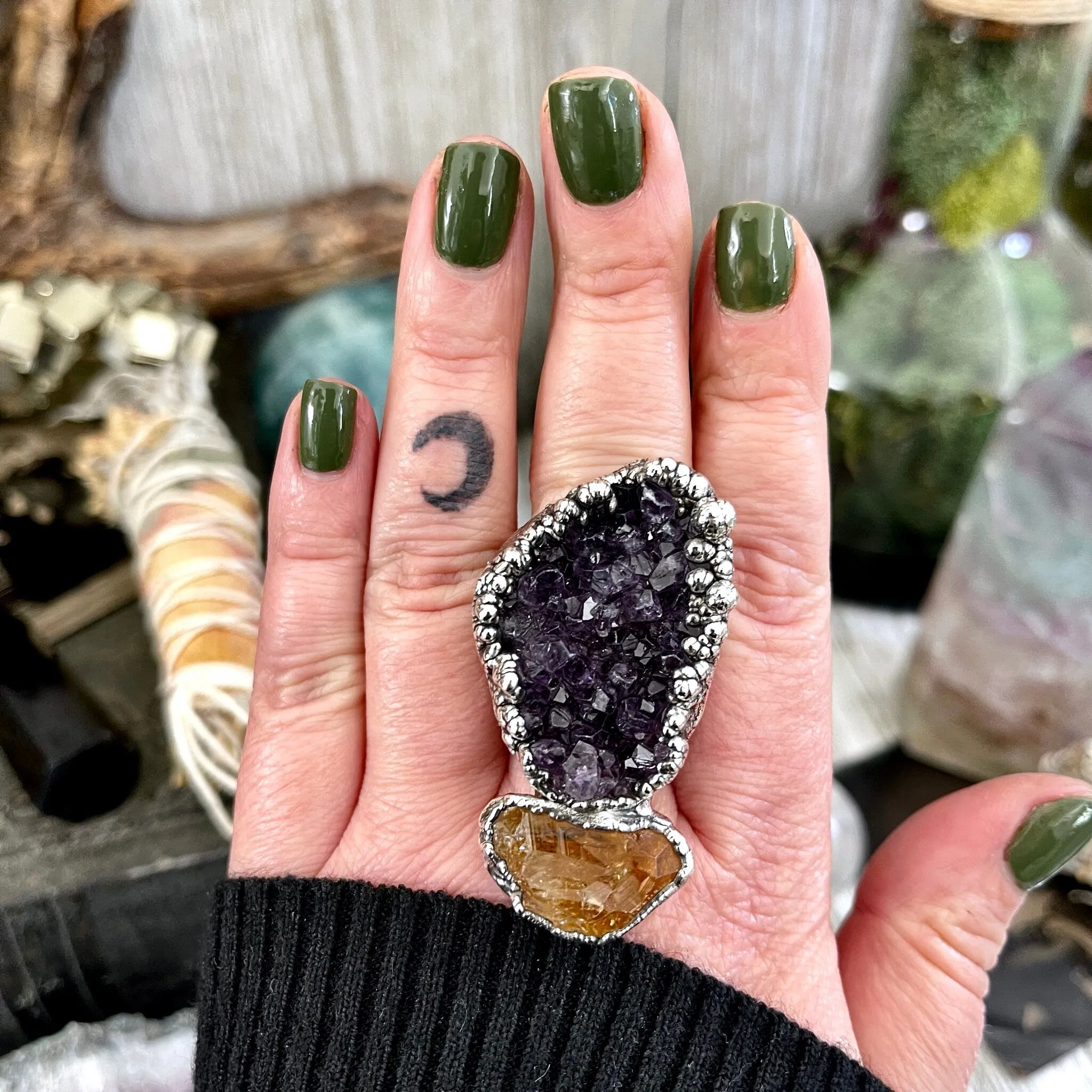 Size 10 Two Stone Ring-Amethyst Geode Raw Citrine Crystal Ring Fine Silver / Foxlark Collection - One of a Kind