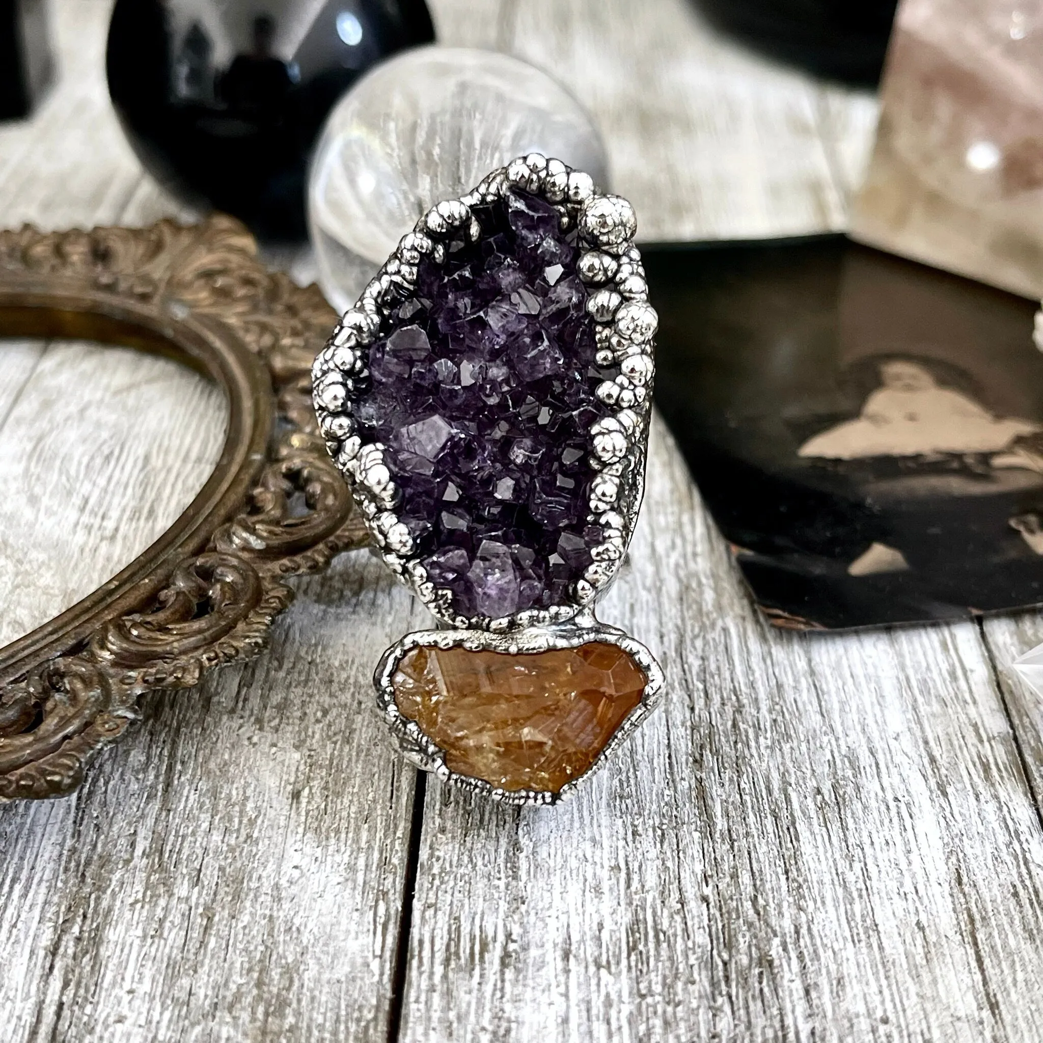 Size 10 Two Stone Ring-Amethyst Geode Raw Citrine Crystal Ring Fine Silver / Foxlark Collection - One of a Kind