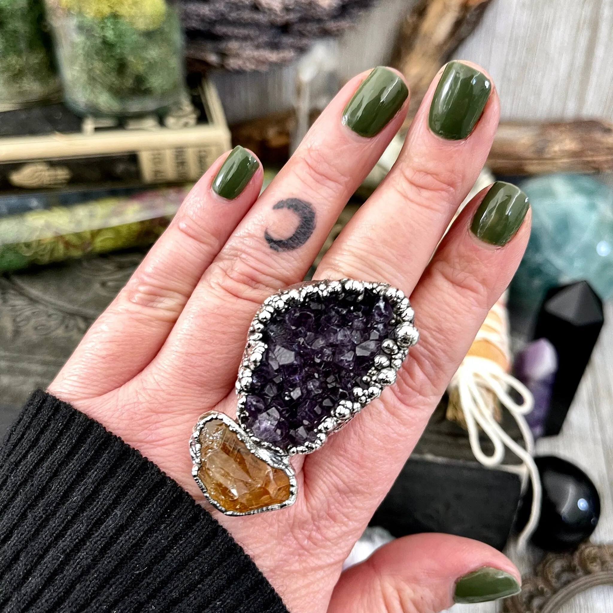 Size 10 Two Stone Ring-Amethyst Geode Raw Citrine Crystal Ring Fine Silver / Foxlark Collection - One of a Kind