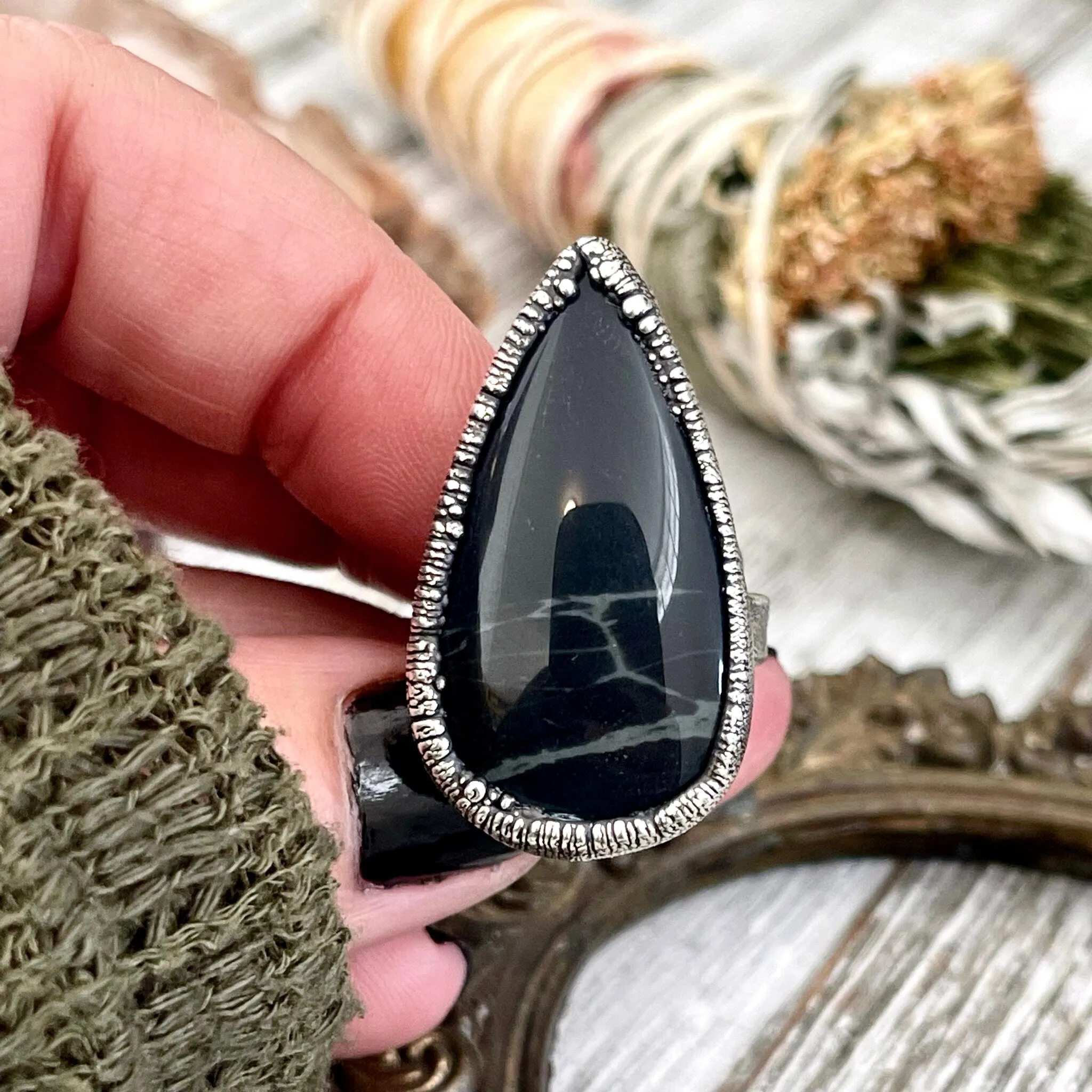 Size 5 Natural Spider Web Obsidian Statement Ring in Fine Silver - Black Stone Jewelry / Foxlark Collection - One of a Kind