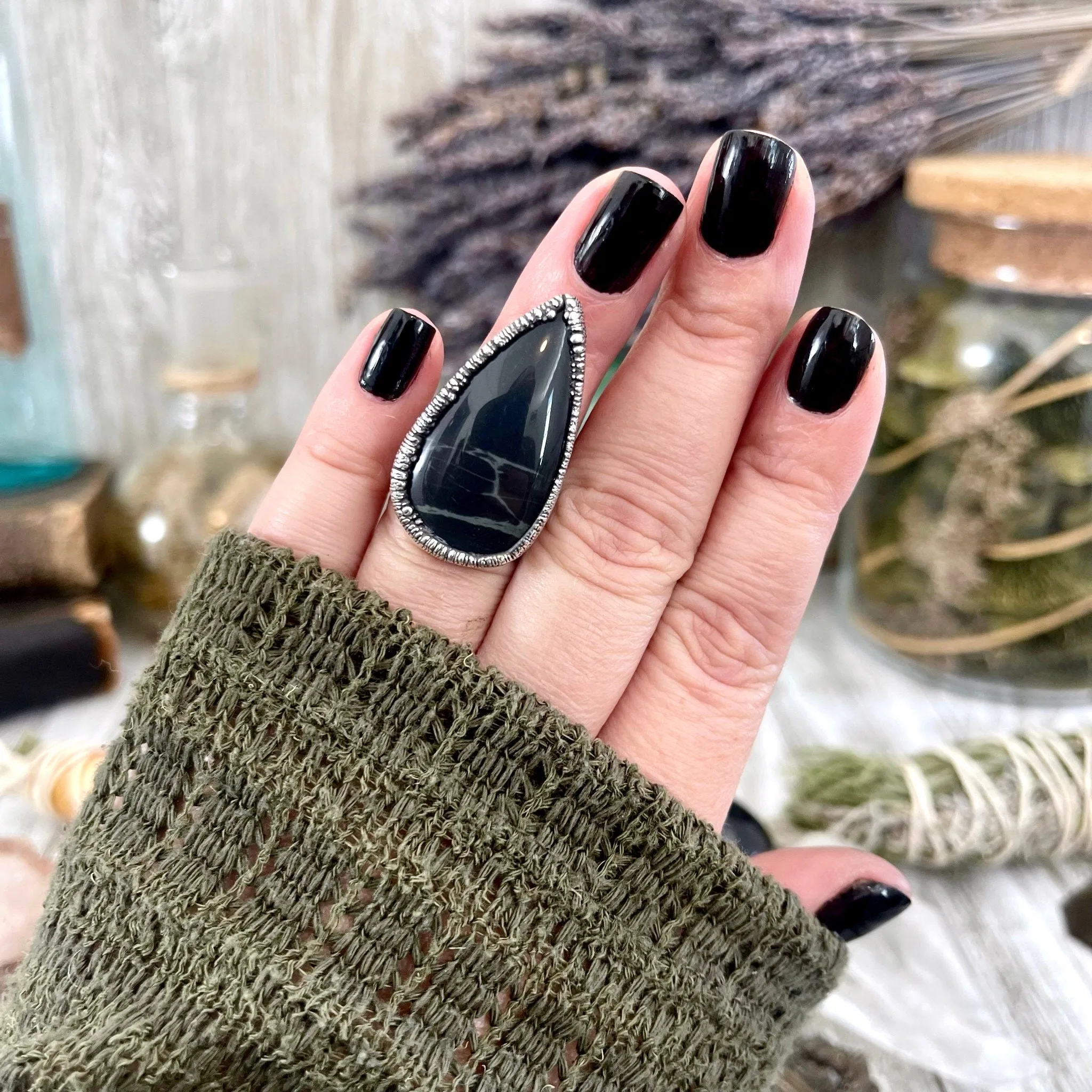 Size 5 Natural Spider Web Obsidian Statement Ring in Fine Silver - Black Stone Jewelry / Foxlark Collection - One of a Kind