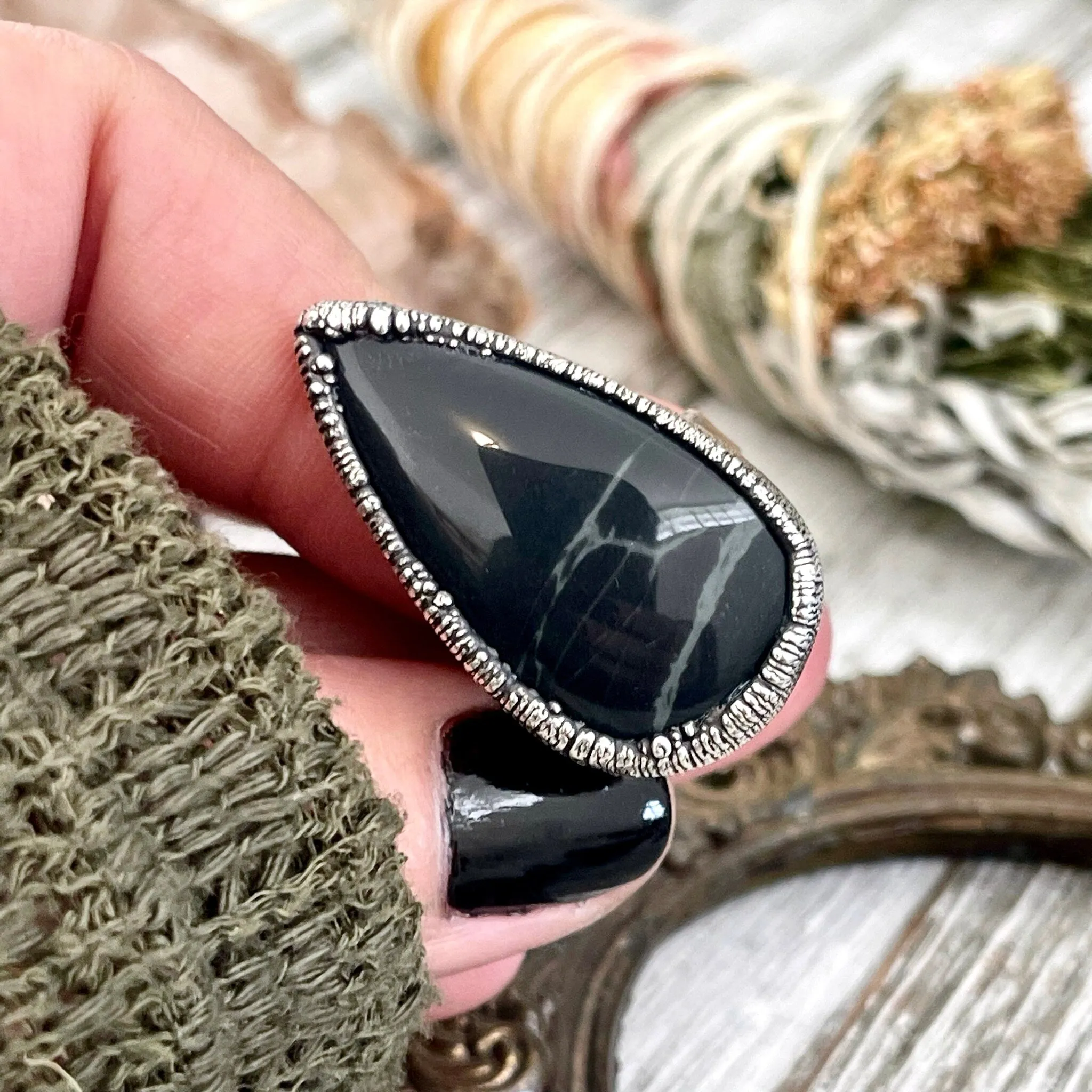 Size 5 Natural Spider Web Obsidian Statement Ring in Fine Silver - Black Stone Jewelry / Foxlark Collection - One of a Kind