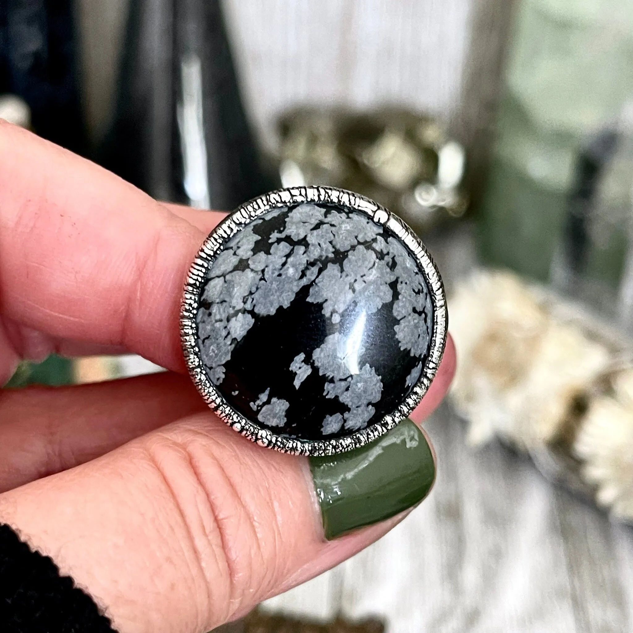 Size 5.5 Snowflake Obsidian Ring in Fine Silver / Foxlark Collection - One of a Kind