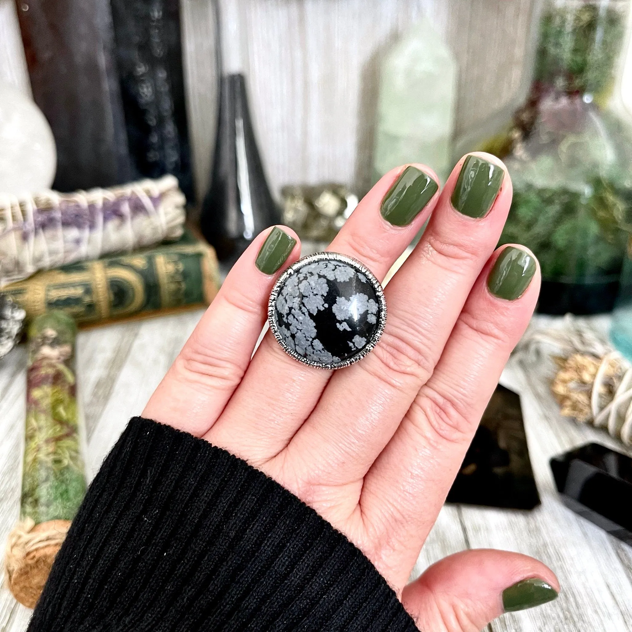 Size 5.5 Snowflake Obsidian Ring in Fine Silver / Foxlark Collection - One of a Kind