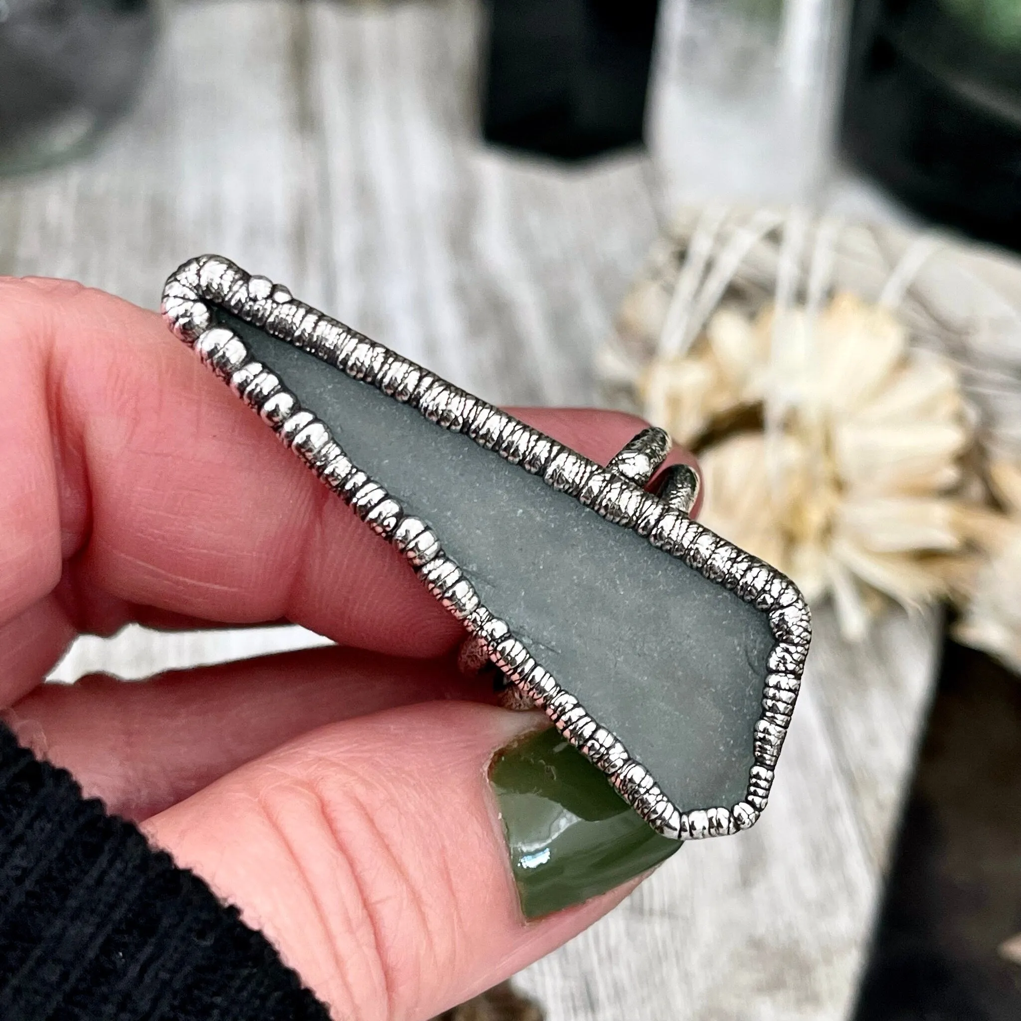 Size 8 Green Sea Glass Ring Set in Fine Silver / Foxlark Collection - One of a Kind