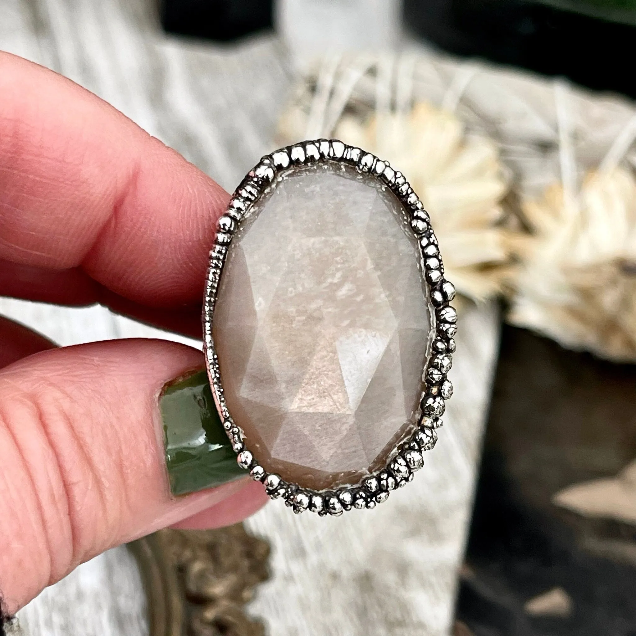 Size 8 Peach Pink Moonstone Statement Ring in Fine Silver  / Foxlark Collection - One of a Kind