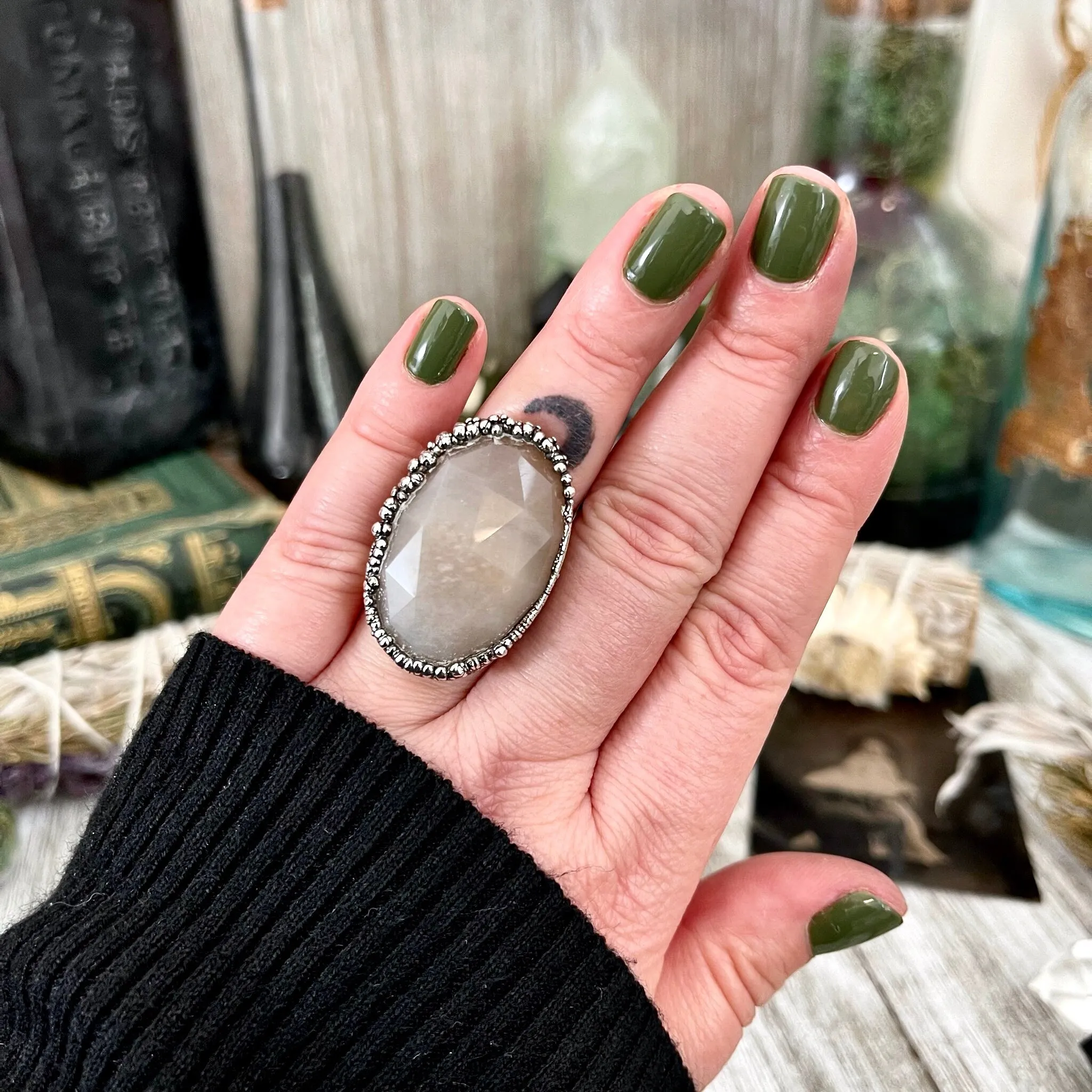 Size 8 Peach Pink Moonstone Statement Ring in Fine Silver  / Foxlark Collection - One of a Kind