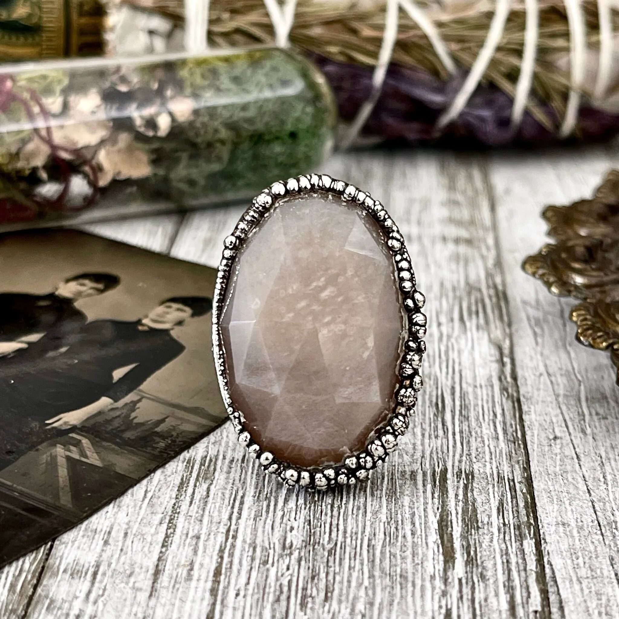 Size 8 Peach Pink Moonstone Statement Ring in Fine Silver  / Foxlark Collection - One of a Kind