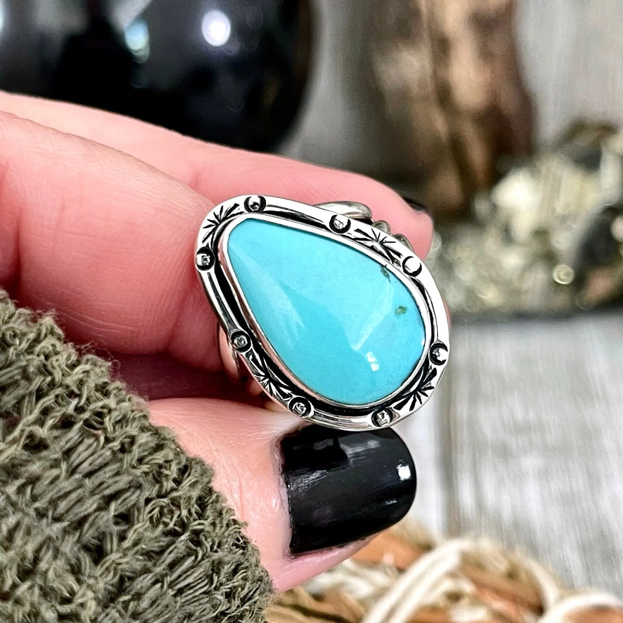 Size 9 Kingman Turquoise Statement Ring Set in Thick Sterling Silver / Curated by FOXLARK Collection