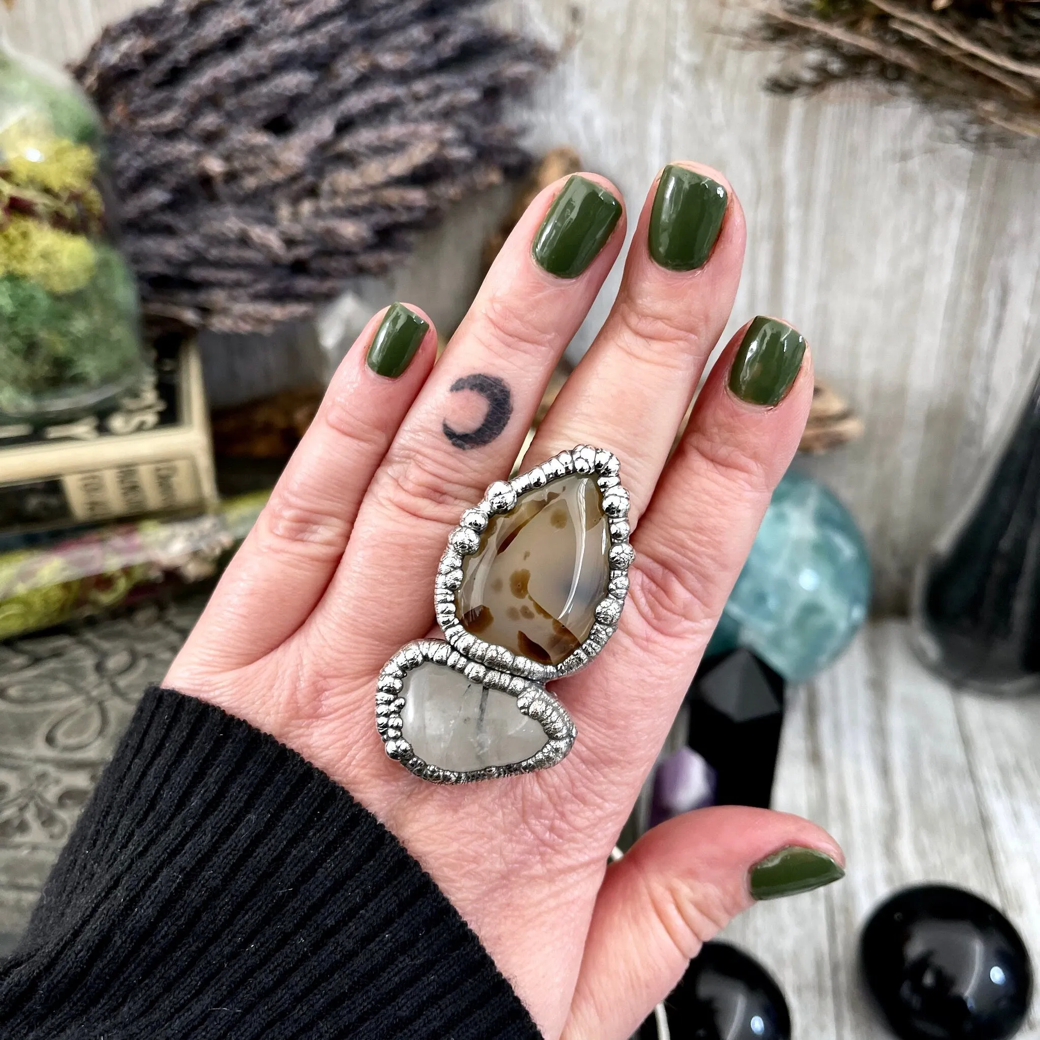 Size 9 Two Stone Ring- Dendritic Agate Tourmaline Quartz Crystal Ring Fine Silver / Foxlark Collection - One of a Kind