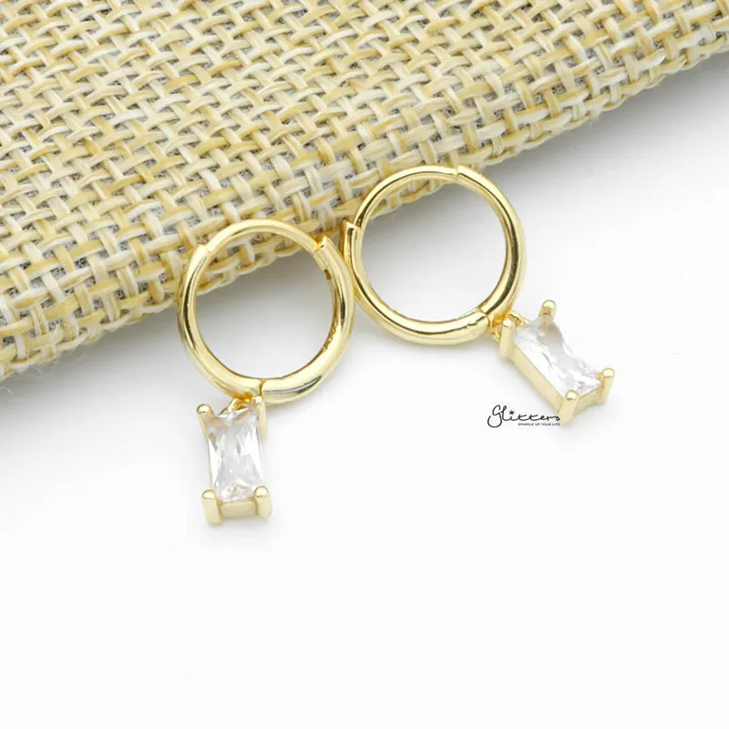 Sterling Silver Huggie Hoop Earrings with Dangle Baguette CZ - Gold