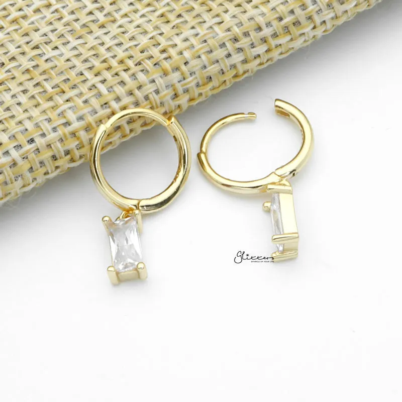 Sterling Silver Huggie Hoop Earrings with Dangle Baguette CZ - Gold