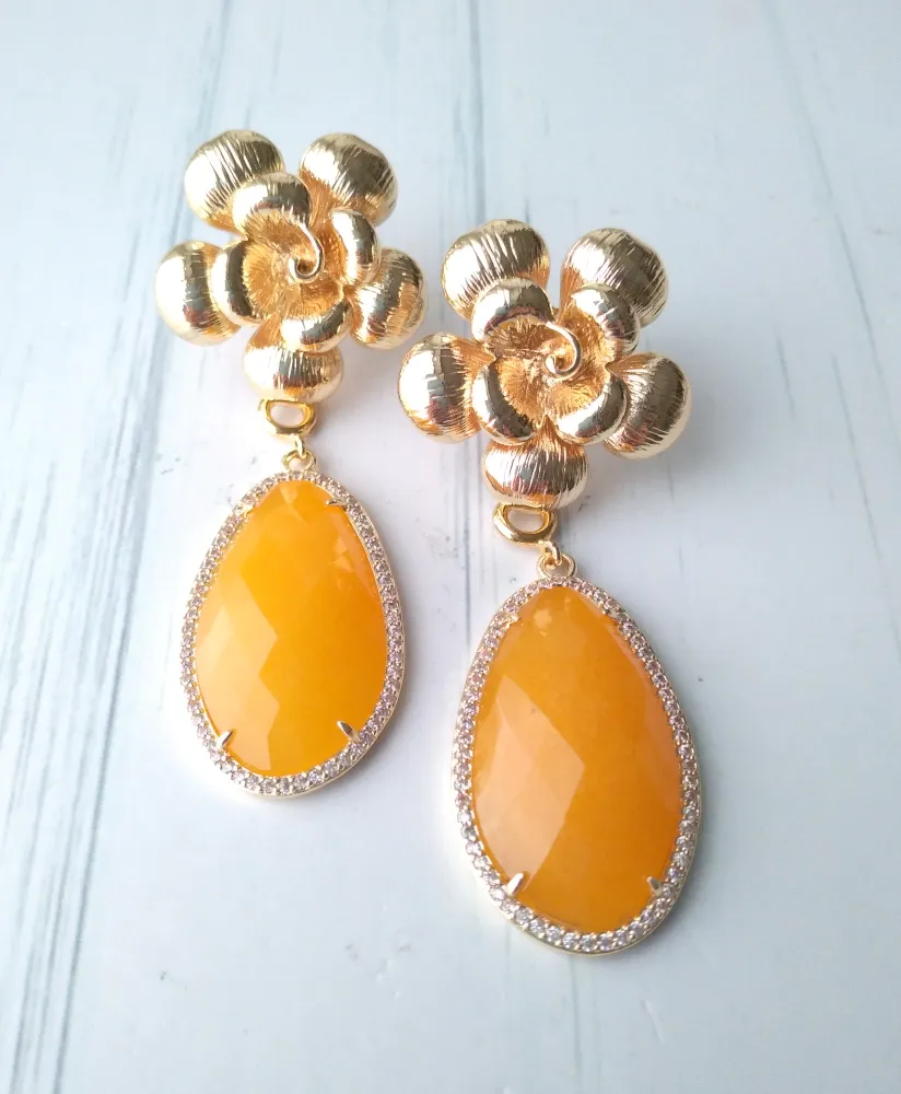 Textured Rose Stud with Haloed Yellow Jade Earrings