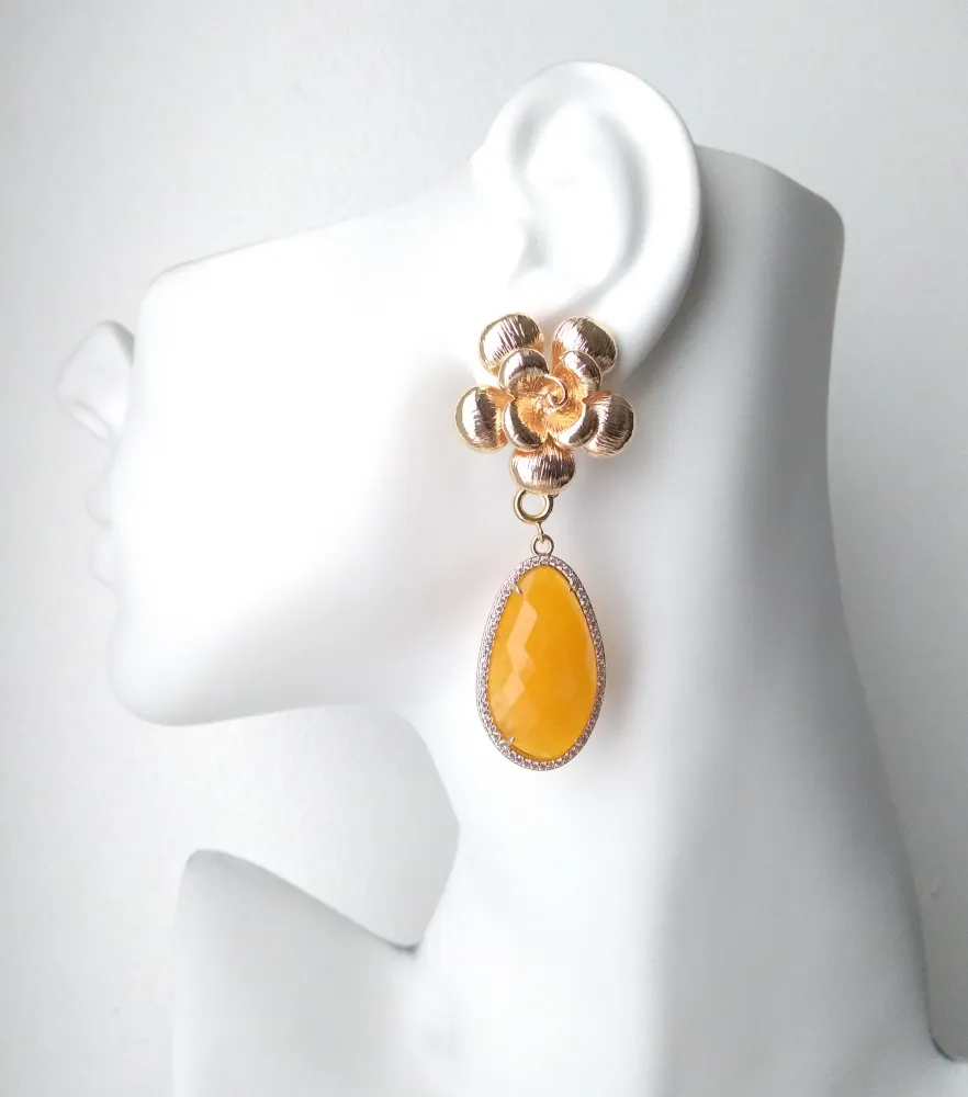 Textured Rose Stud with Haloed Yellow Jade Earrings