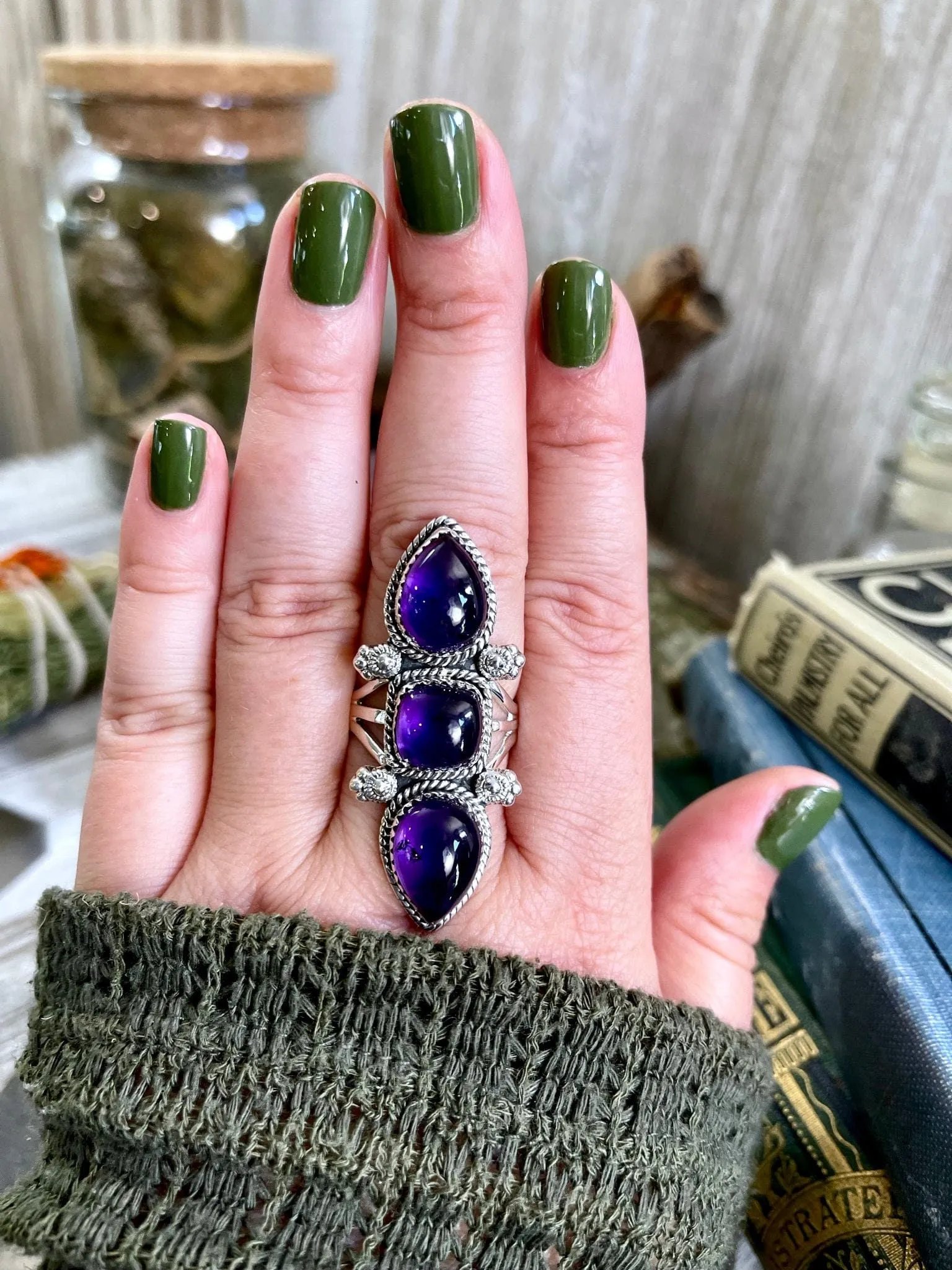 Triple Stone Purple Amethyst Ring in Solid Sterling Silver- Designed by FOXLARK Collection Size 5 6 7 8 9 10 11 / Gothic Jewelry