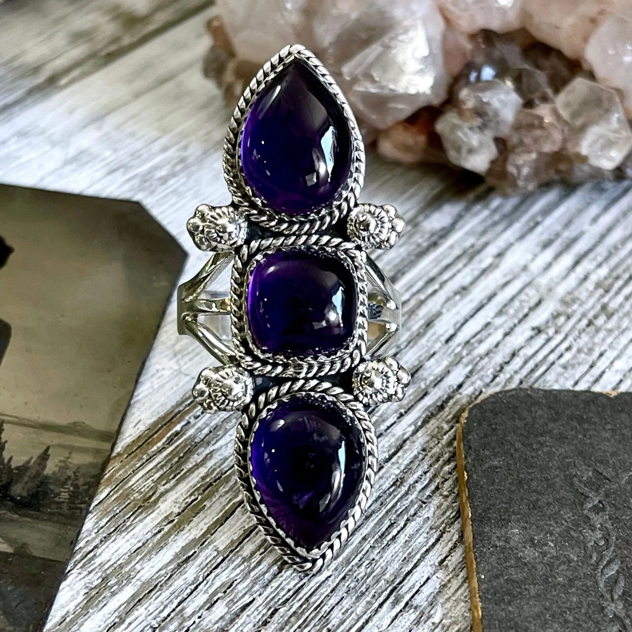 Triple Stone Purple Amethyst Ring in Solid Sterling Silver- Designed by FOXLARK Collection Size 5 6 7 8 9 10 11 / Gothic Jewelry