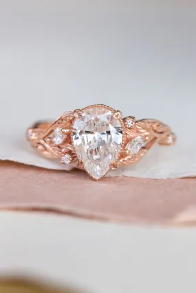 Vines and leaves engagement ring with lab-created diamond, rose gold engagement ring / Patricia