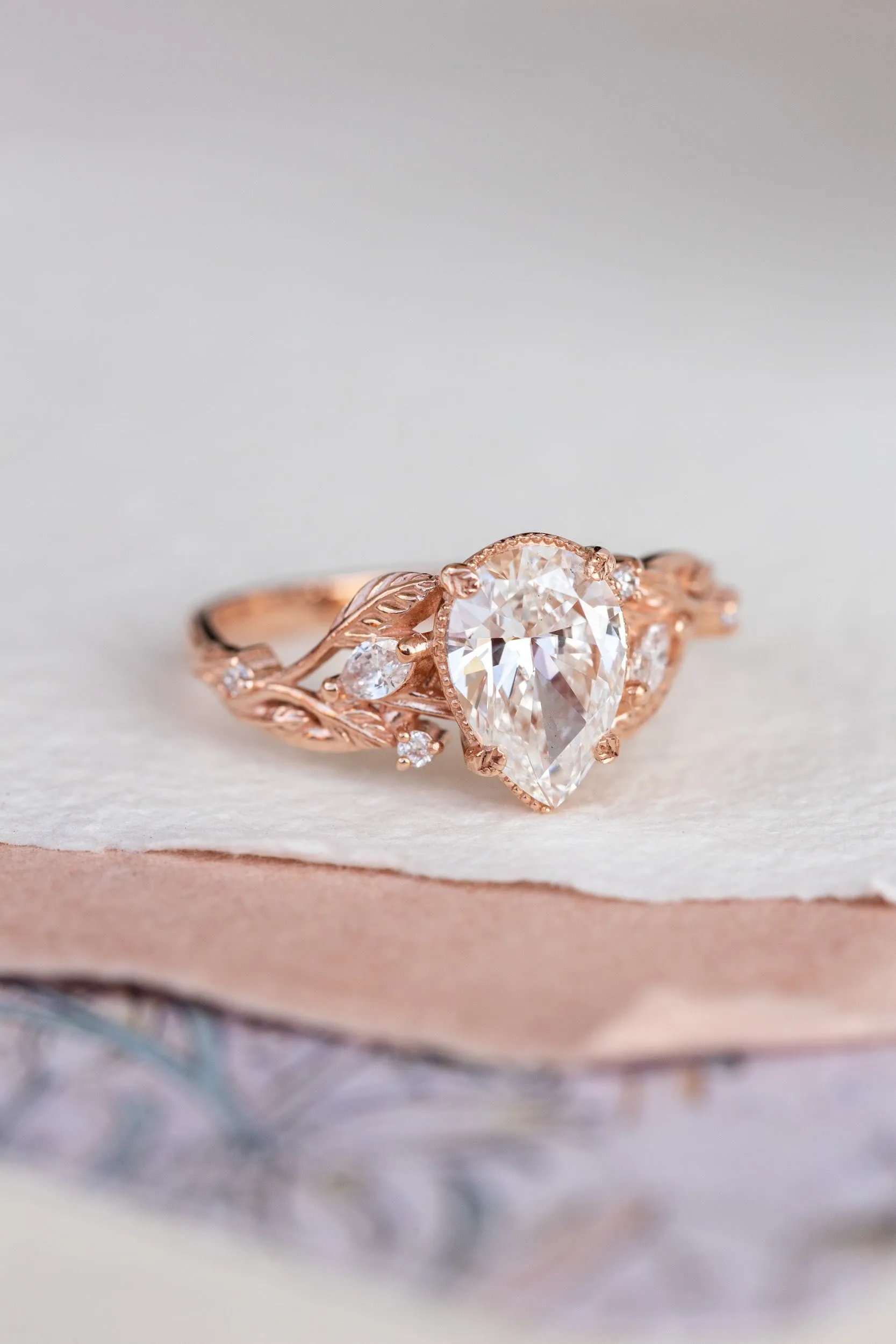 Vines and leaves engagement ring with lab-created diamond, rose gold engagement ring / Patricia