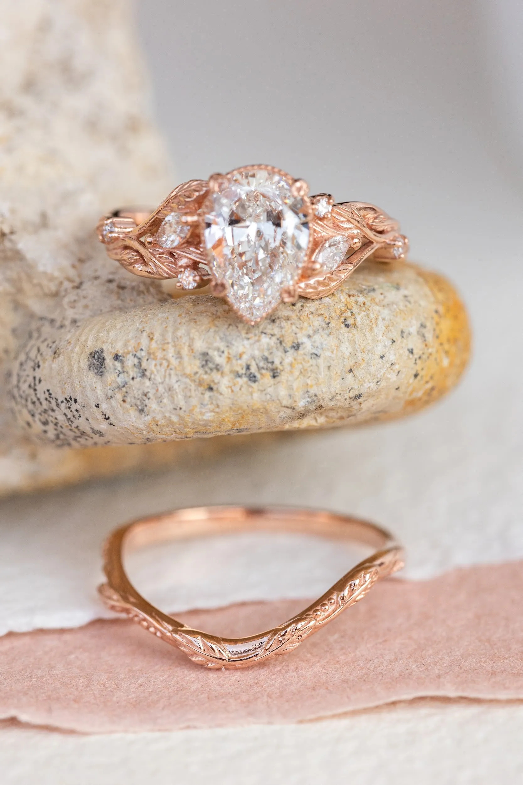 Vines and leaves engagement ring with lab-created diamond, rose gold engagement ring / Patricia