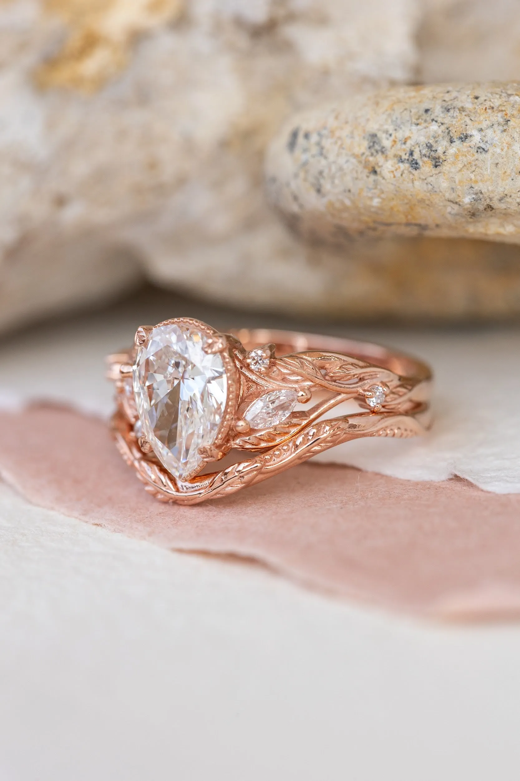 Vines and leaves engagement ring with lab-created diamond, rose gold engagement ring / Patricia