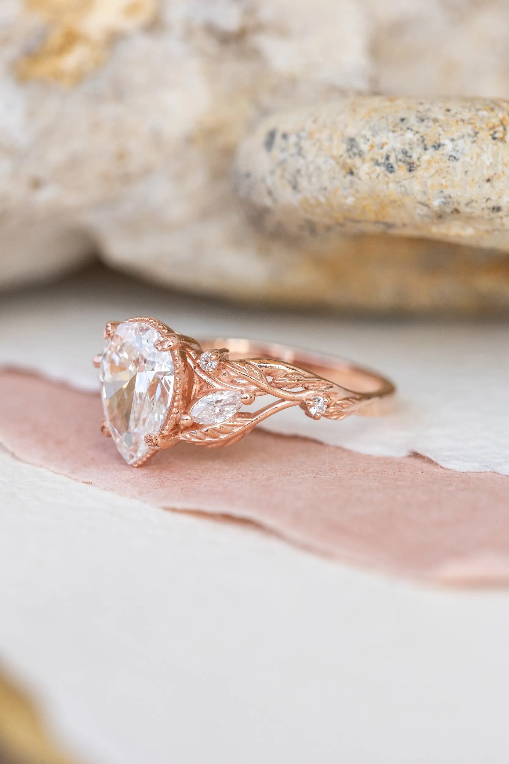 Vines and leaves engagement ring with lab-created diamond, rose gold engagement ring / Patricia