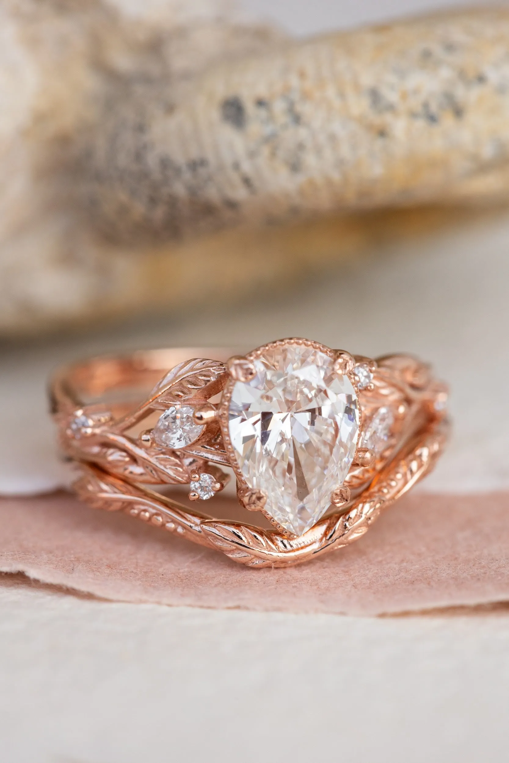 Vines and leaves engagement ring with lab-created diamond, rose gold engagement ring / Patricia