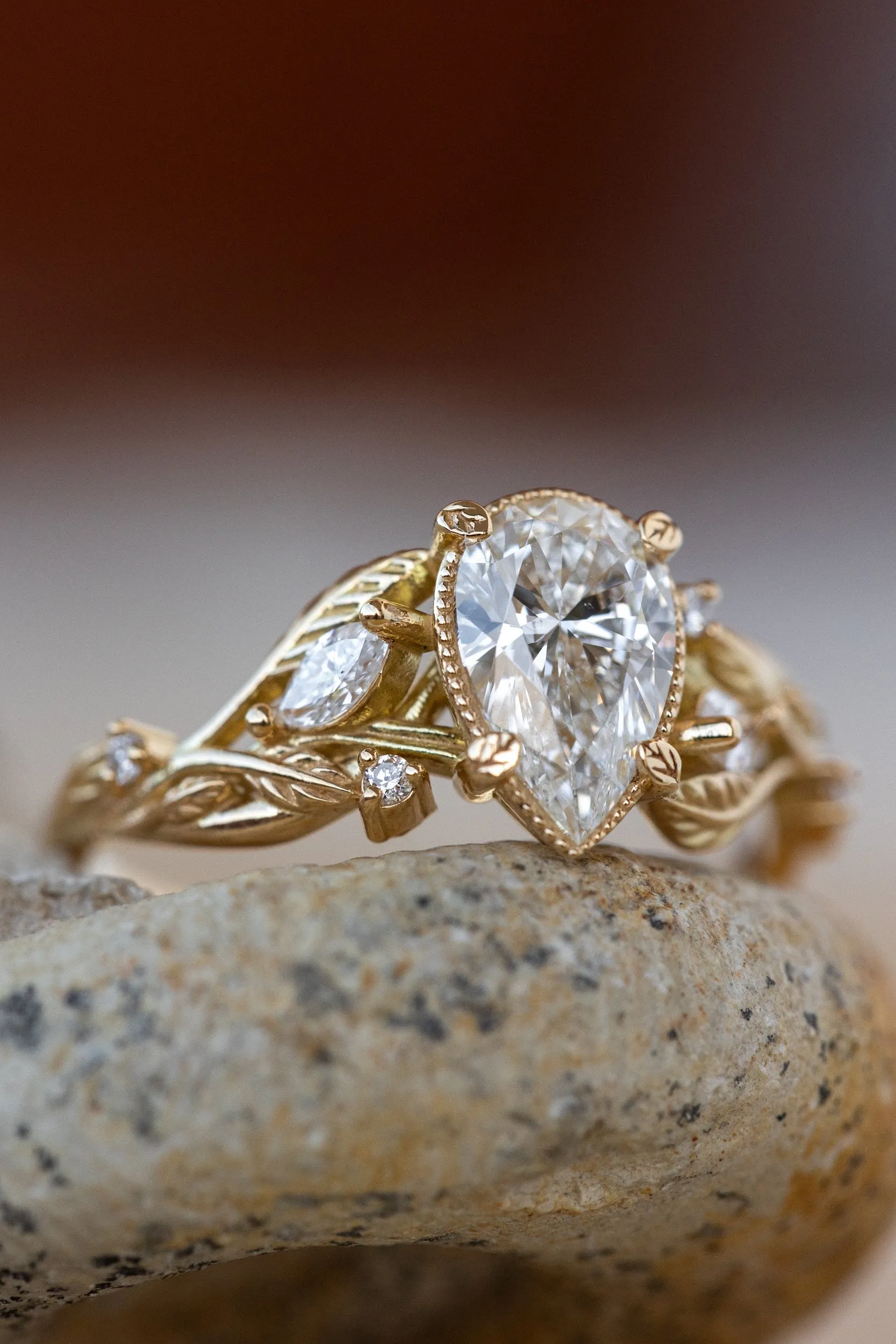 Vines and leaves engagement ring with lab-created diamond, rose gold engagement ring / Patricia