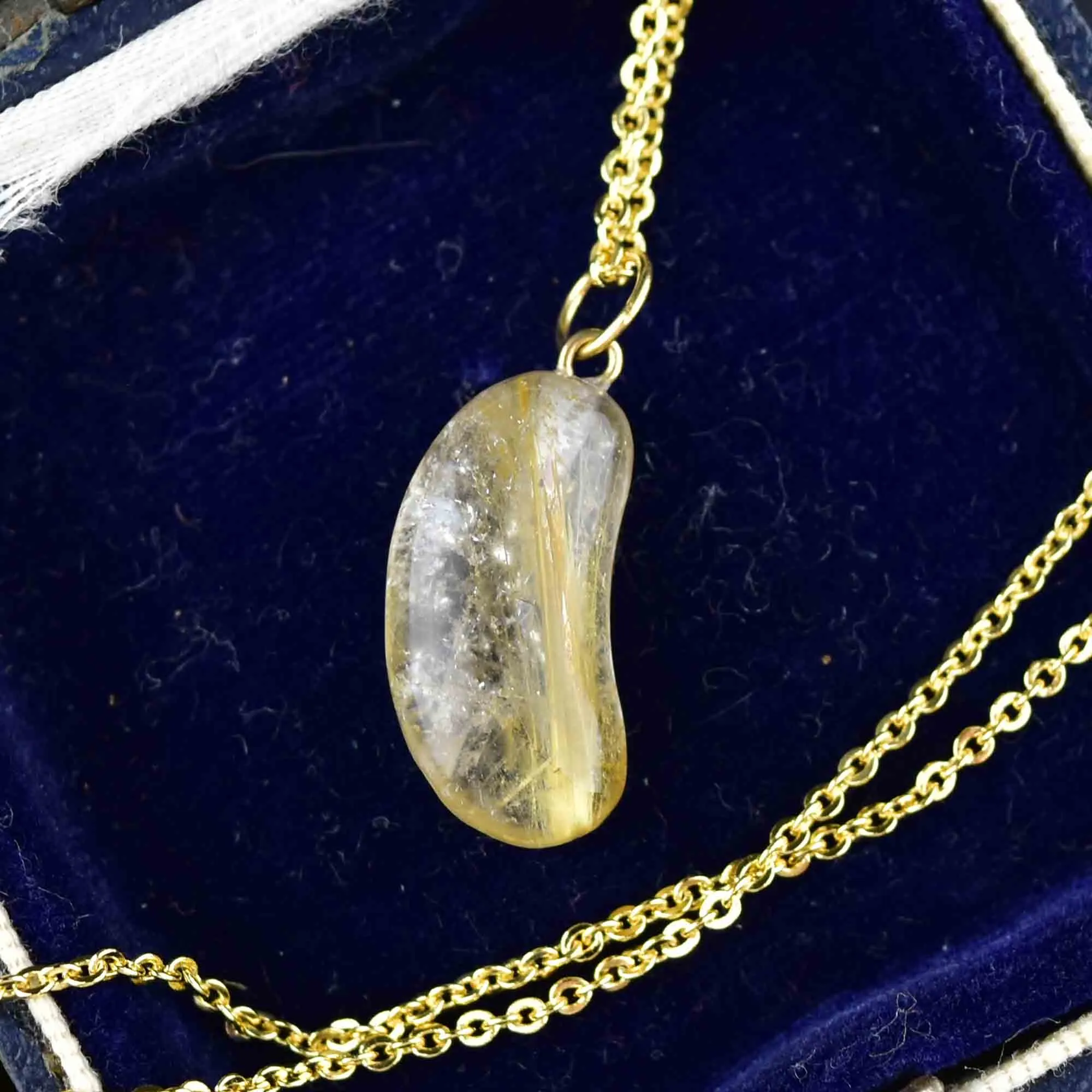 Vintage 18K Gold Rutilated Quartz Bean Pendant Necklace