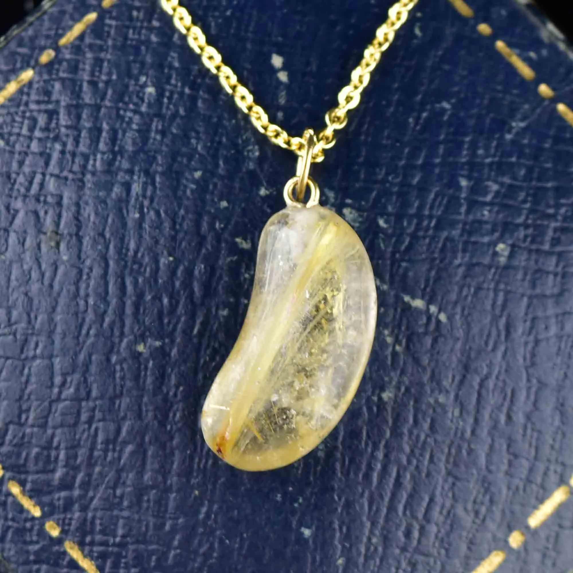 Vintage 18K Gold Rutilated Quartz Bean Pendant Necklace