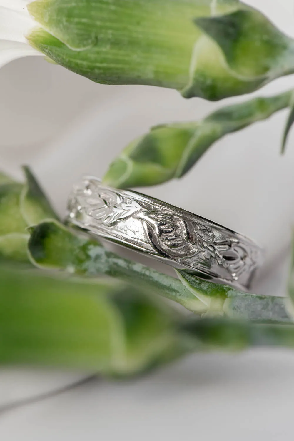 White gold leaf wedding band for man, japanese maple leaves ring