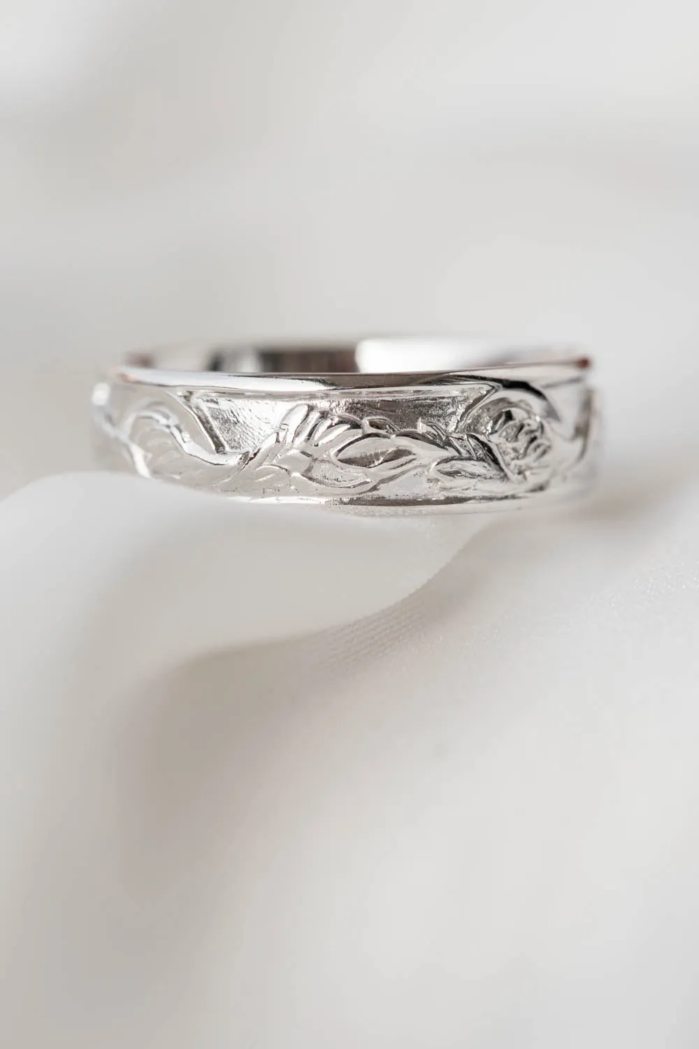 White gold leaf wedding band for man, japanese maple leaves ring