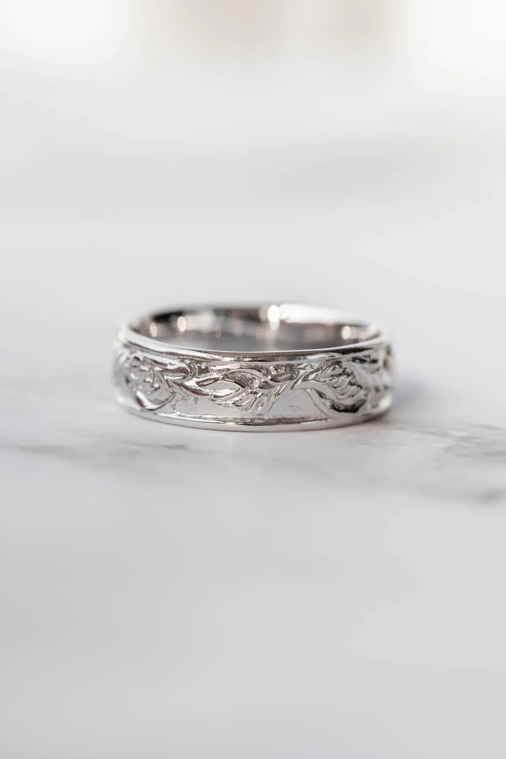 White gold leaf wedding band for man, japanese maple leaves ring