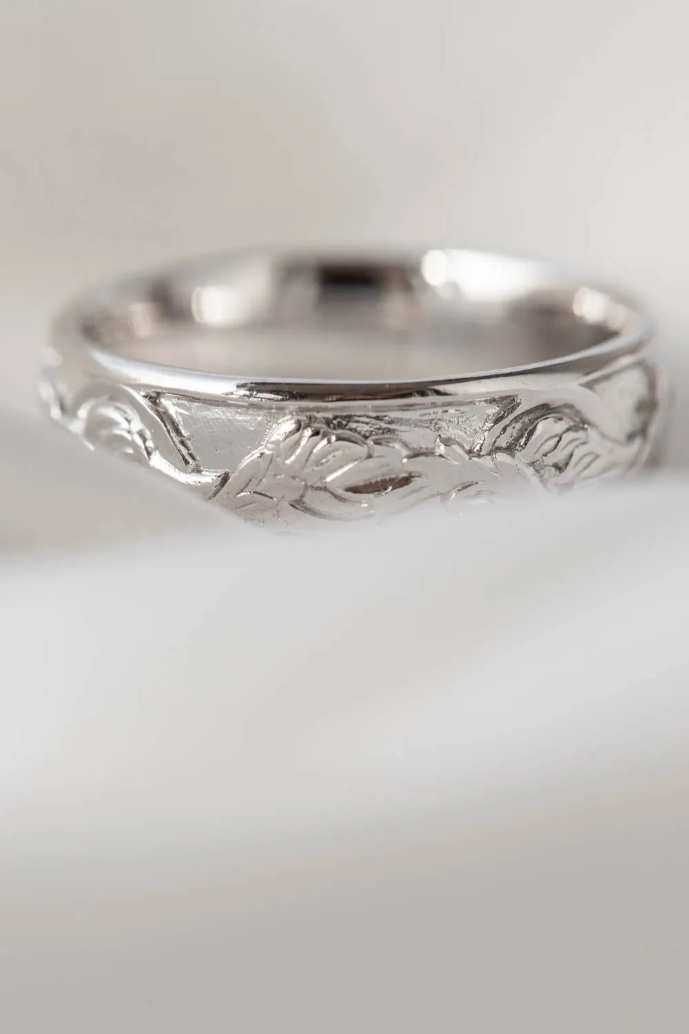 White gold leaf wedding band for man, japanese maple leaves ring