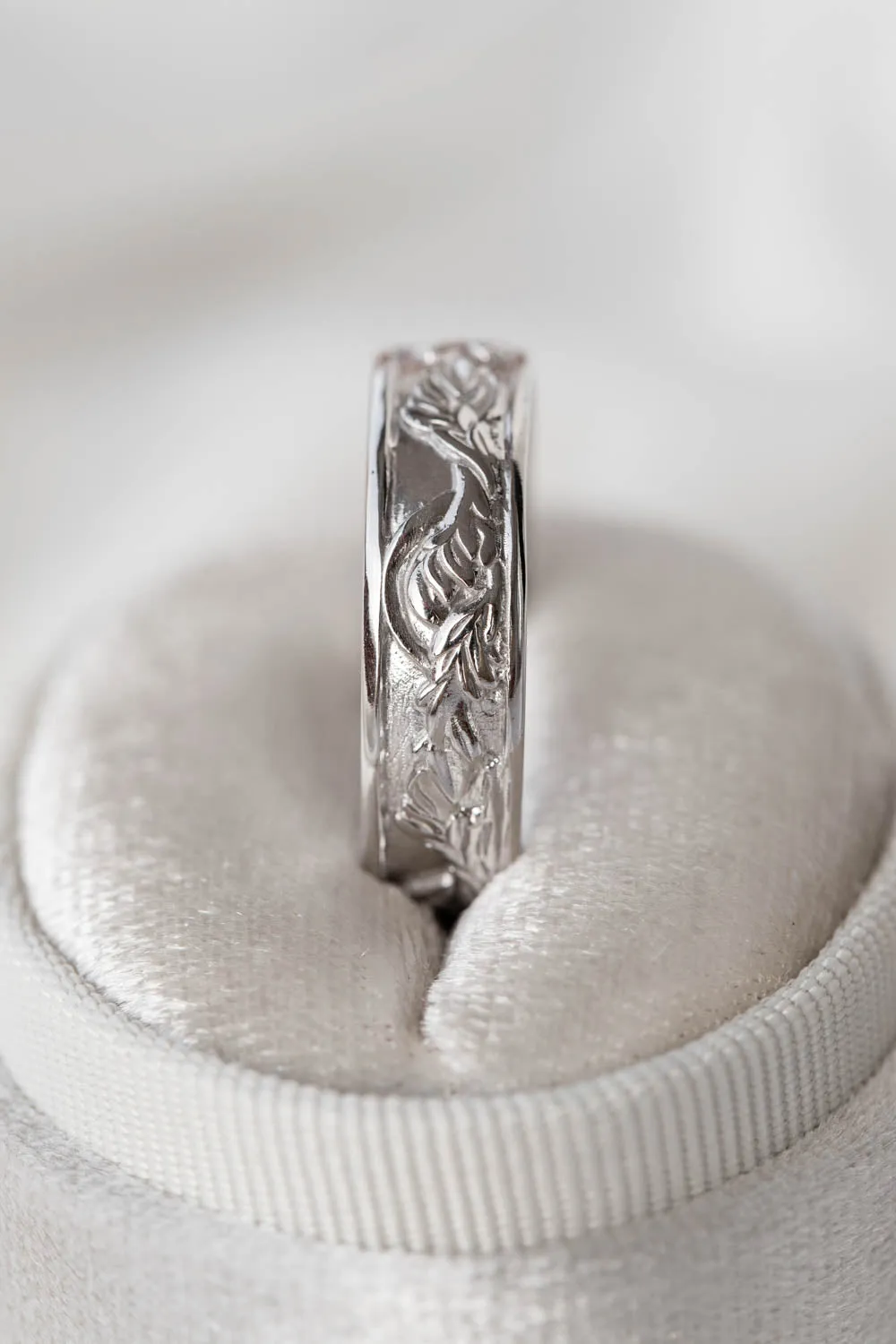 White gold leaf wedding band for man, japanese maple leaves ring